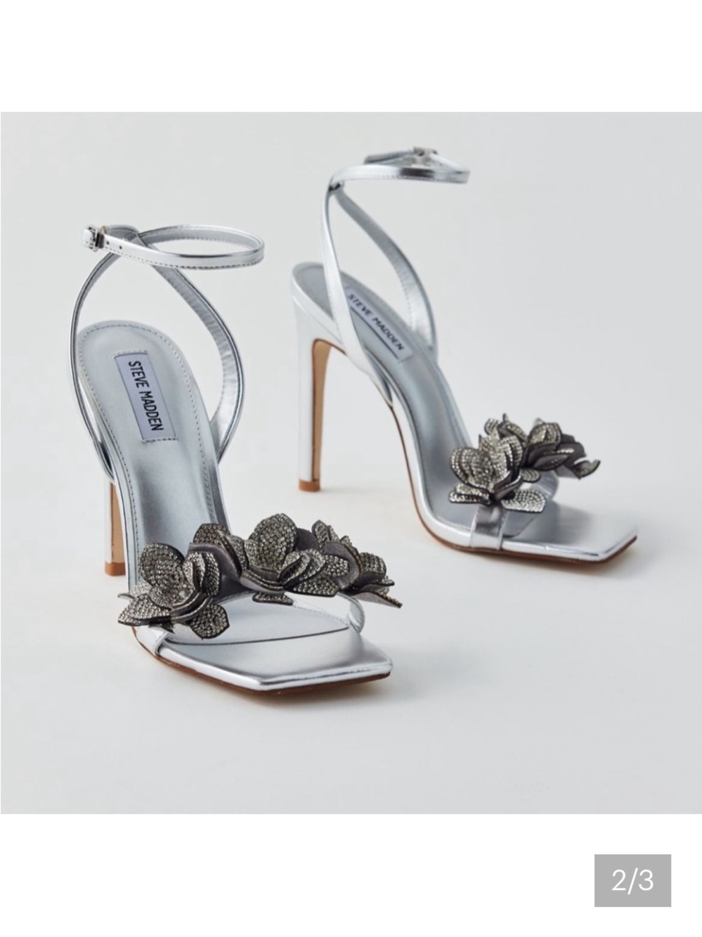 Nwot Steve Madden Ulyana Metallic Silver Rhinestone Floral Heels Summer Party